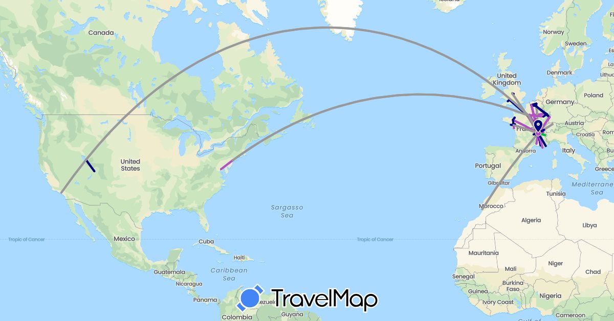 TravelMap itinerary: driving, bus, plane, train in Belgium, Switzerland, France, United Kingdom, Morocco, United States (Africa, Europe, North America)